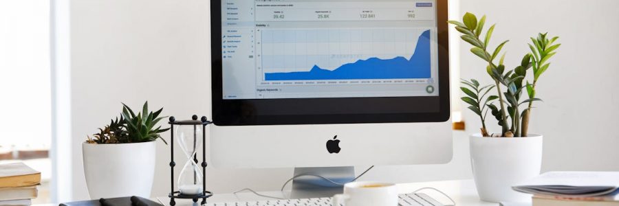 A clean, contemporary workspace featuring a desktop with analytics on the screen and plants for a fresh look.